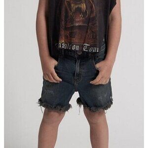 New One Teaspoon Mr Relaxed Denim Shorts Boys 8-9 Blk Indigo Blue Cut-Offs
